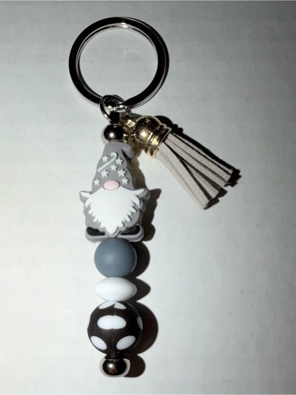 Gray Gnome Tassel Keychain - Cute Gray Beaded Keychain (HANDMADE)